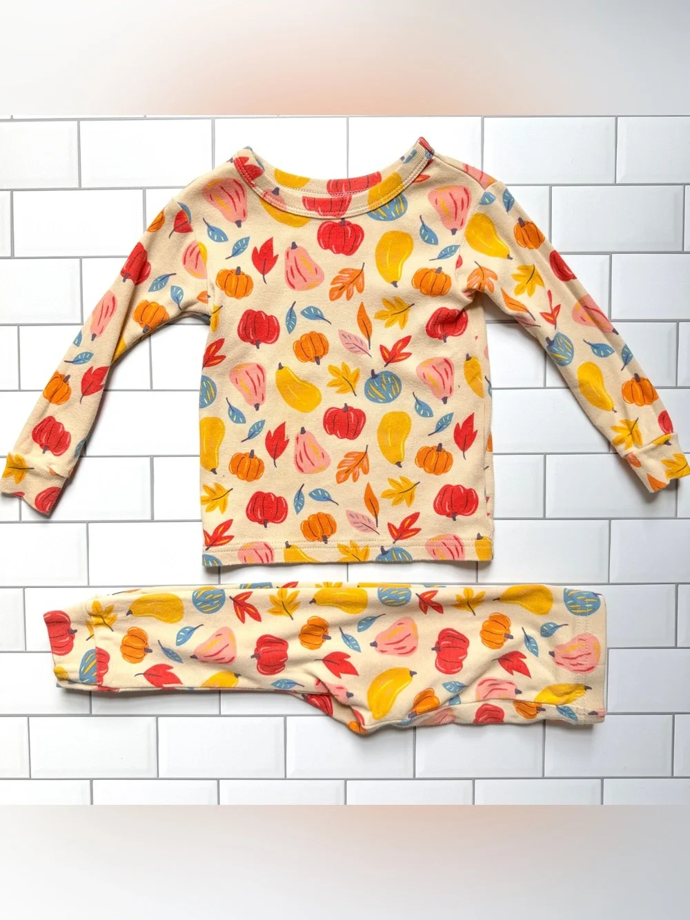 18-24M🍂 GAP Organic Cotton Long Sleeve Pajamas Set Fall Harvest Leaves & Pumpkin